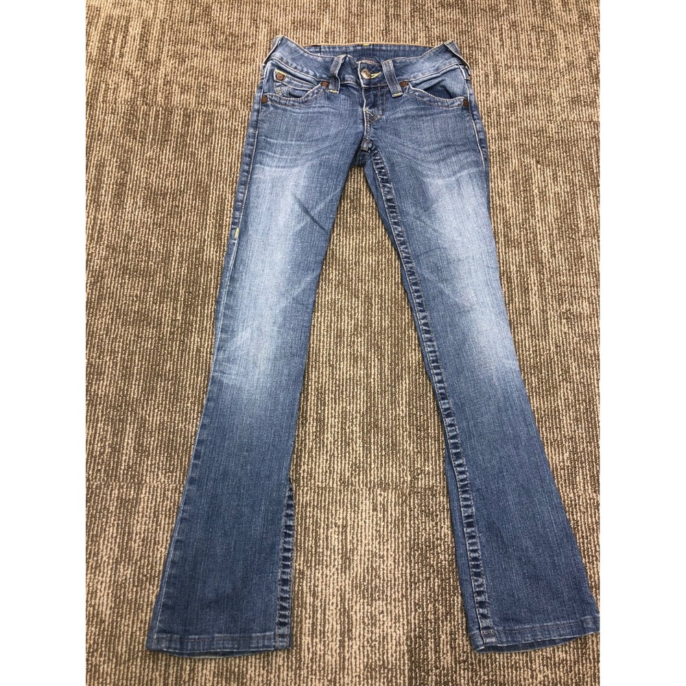 True Religion Hi-Rise Bootcut Blue Jeans Made in USA Size 25 Flap Pocket Denim